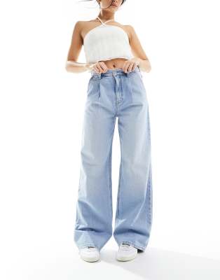 Stradivarius Pleat Front Wide Leg Jeans In Light Wash Blue