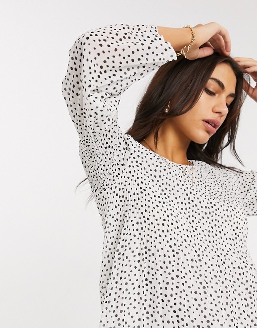 Stradivarius pleated blouse with dots in ecru