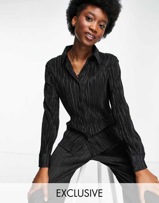 Stradivarius pleated co-ord shirt in black 