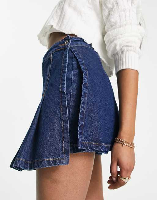 Navy blue shop pleated denim skirt