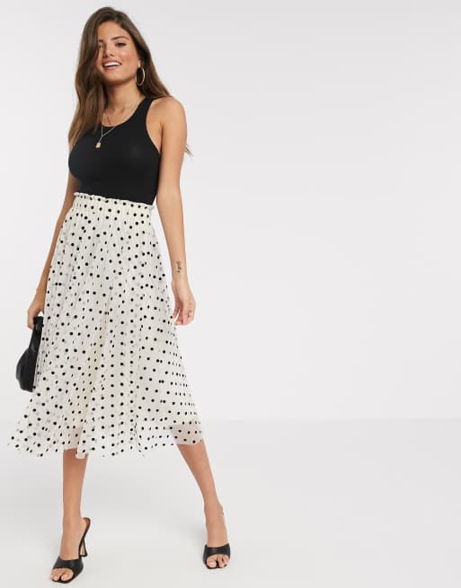 Stradivarius pleated midi skirt in beige with black dots