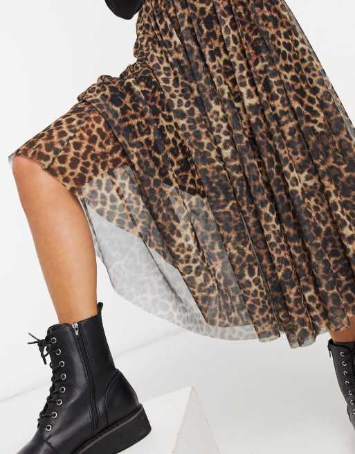 Stradivarius pleated midi skirt in leopard print