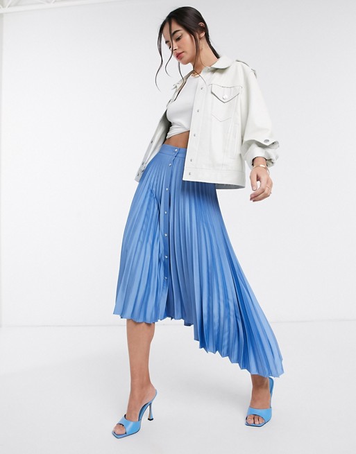 Stradivarius pleated midi skirt with button detail in blue