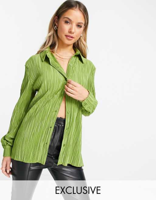 Stradivarius pleated shirt in olive green (part of a set)