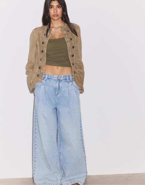 Stradivarius plisserade jeans med vida ben i mellanljus ljusblå denim - view 1