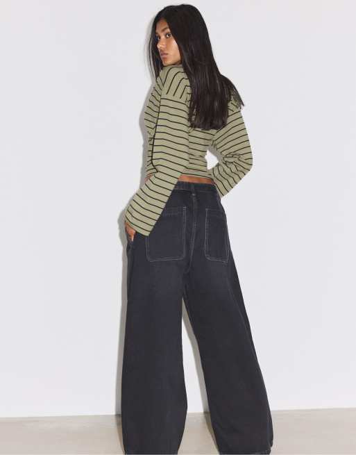 Stradivarius plisserede jeans med brede ben i sort denim med vasket effekt, 3 af 7