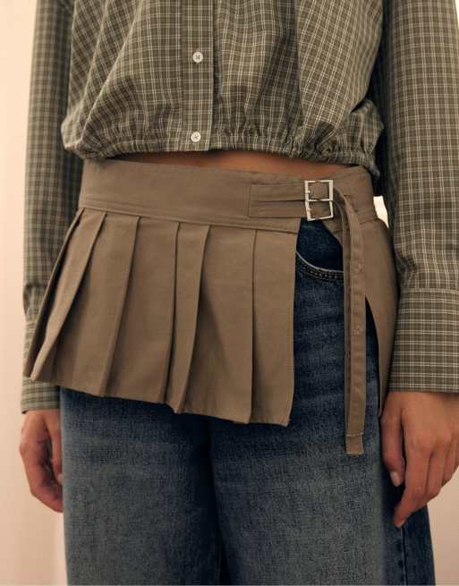 Stradivarius plisseret bælte med spænde i khaki, 3 af 4