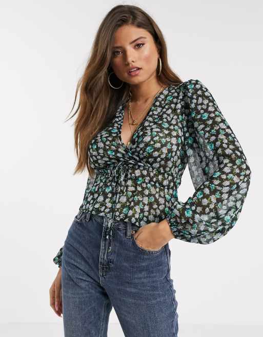 Stradivarius – Plumeti – Grön, blommig blus