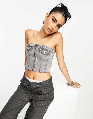 Stradivarius Pocket Detail Denim Bandeau Top In Washed Black