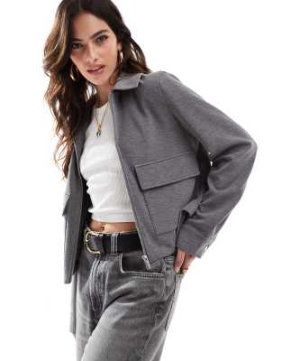 Stradivarius Stradivarius pocket detail fitted soft touch bomber jacket in grey