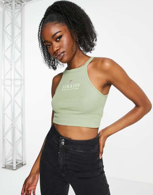 Stradivarius – Podkoszulek bez rękawów w kolorze khaki z motywem owoców w stylu lat 90