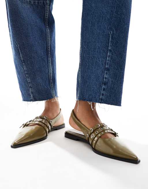 Stradivarius pointed flat shoes with buckles in green ASOS
