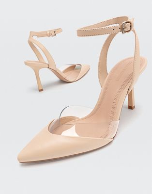 Stradivarius pointed heeled shoe with clear detail in beige