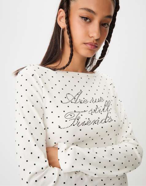 Stradivarius Polka dot placement print boat neck t-shirt in ecru - view 1