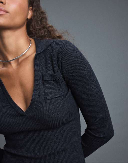 Stradivarius Polo collar knit jumper with pockets in dark grey, 4 of 7