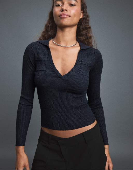 Stradivarius Polo collar knit jumper with pockets in dark grey, 5 of 7