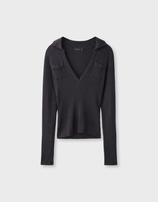 Stradivarius Polo collar knit jumper with pockets in dark grey, 6 of 7