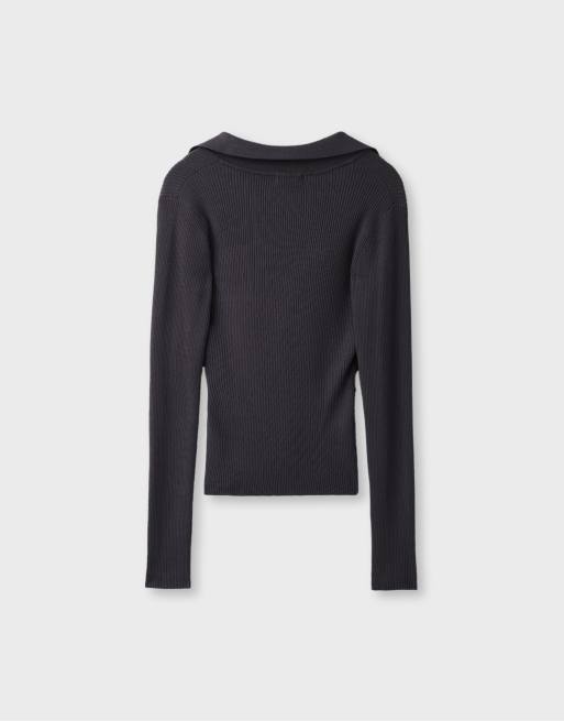 Stradivarius Polo collar knit jumper with pockets in dark grey, 7 of 7