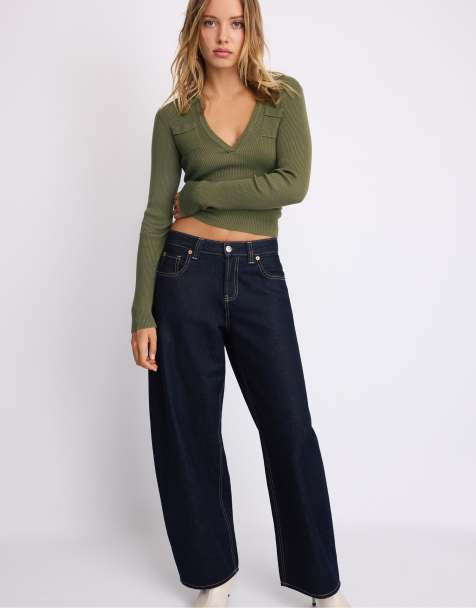 Stradivarius Polo collar knit jumper with pockets in khaki - view 1