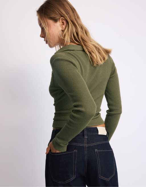 Stradivarius Polo collar knit jumper with pockets in khaki, 3 of 7