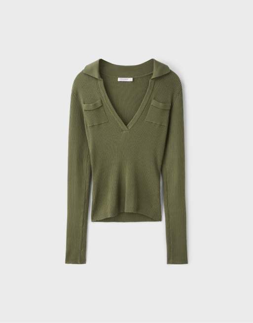 Stradivarius Polo collar knit jumper with pockets in khaki, 6 of 7