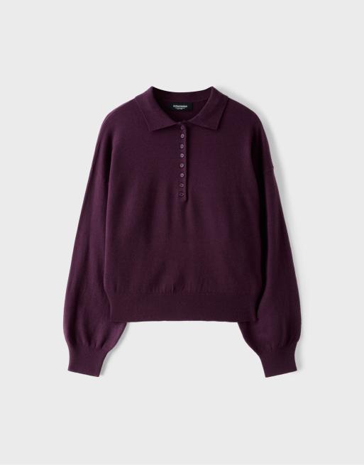 Stradivarius Polo collar knit sweater in dark purple, 5 of 6