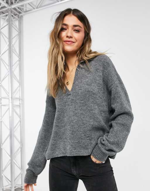 V neck grey hot sale jumper womens