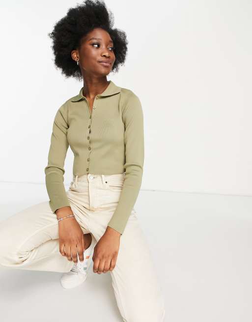 Stradivarius polo detail knit cardigan in khaki 