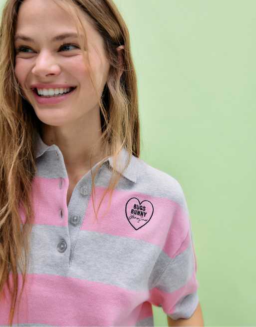 Stradivarius - Polo en maille à motif Bugs Bunny - Rose pastel, 3 de 4