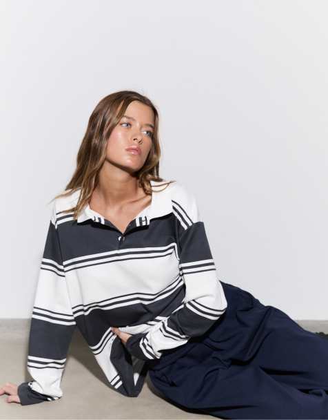 Stradivarius - Polo rayé oversize - Gris foncé - view 1