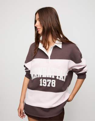 Stradivarius - Polo-Sweatshirt in Braun gestreift-Brown