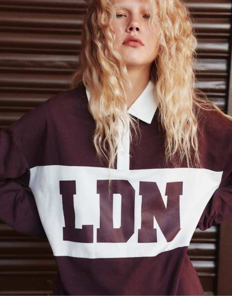 Stradivarius – Polo-Sweatshirt in Lila mit Print - view 1