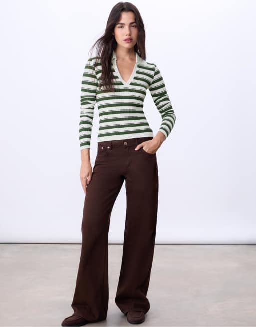 Stradivarius polo T-shirt seamless a righe verde, 2 di 4