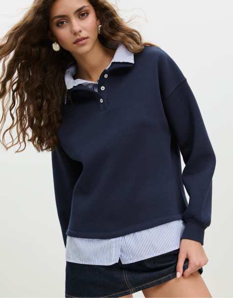 Stradivarius - Polosweatshirt van twee materialen in marineblauw - view 1