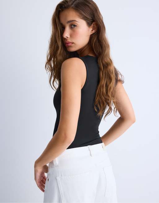 Stradivarius polyamide bodysuit with square neckline in black, 3 of 4