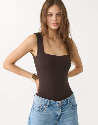 Stradivarius polyamide bodysuit with square neckline in brown - view 1