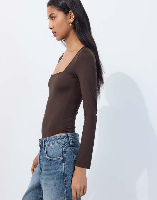 Stradivarius Polyamide bodysuit with square neckline in brown, 2 of 7