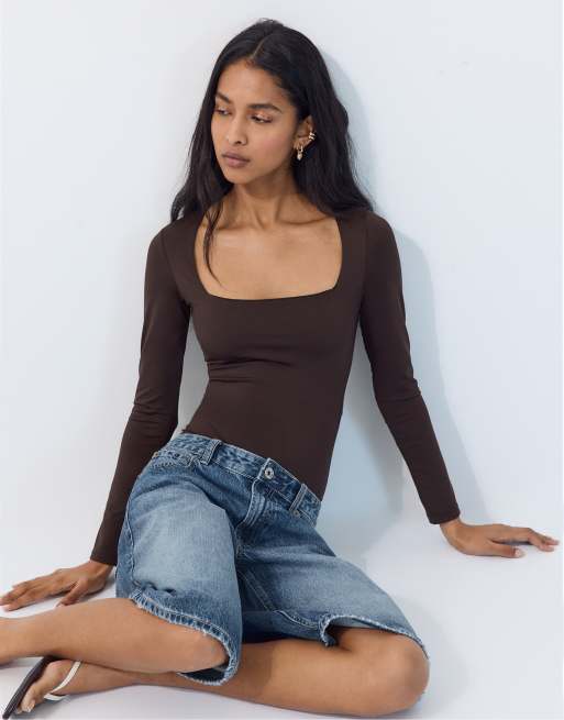 Stradivarius Polyamide bodysuit with square neckline in brown, 3 of 7
