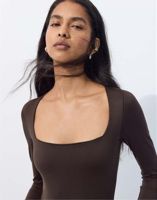 Stradivarius Polyamide bodysuit with square neckline in brown, 4 of 7