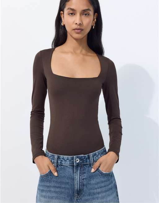 Stradivarius Polyamide bodysuit with square neckline in brown, 5 of 7