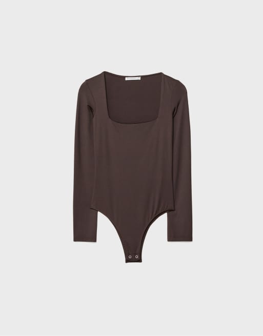 Stradivarius Polyamide bodysuit with square neckline in brown, 6 of 7