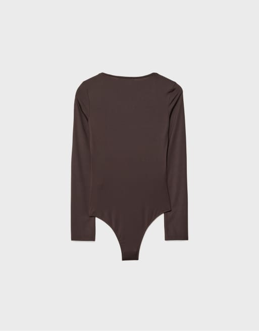 Stradivarius Polyamide bodysuit with square neckline in brown, 7 of 7