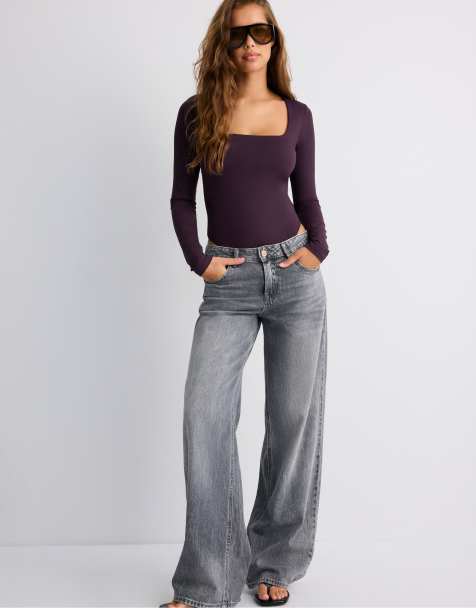 Stradivarius Polyamide bodysuit with square neckline in dark purple - view 1