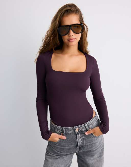 Stradivarius Polyamide bodysuit with square neckline in dark purple, 2 of 7