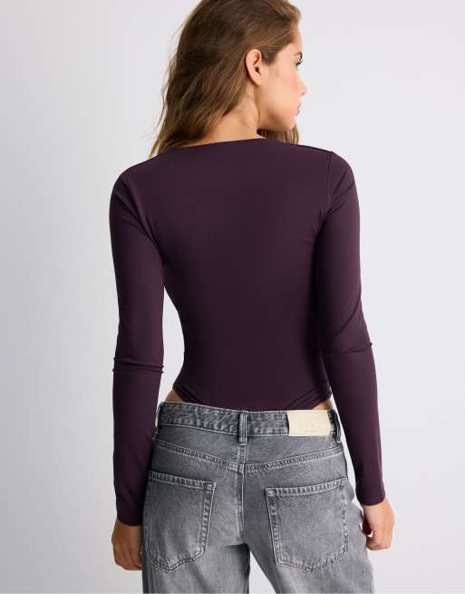 Stradivarius Polyamide bodysuit with square neckline in dark purple, 3 of 7