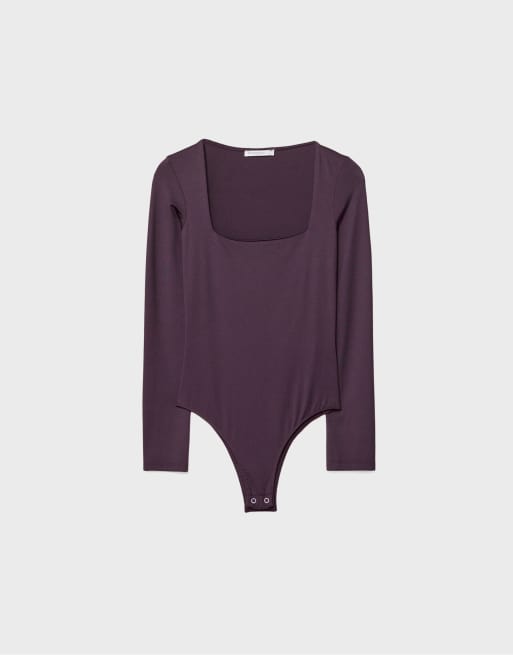 Stradivarius Polyamide bodysuit with square neckline in dark purple, 6 of 7