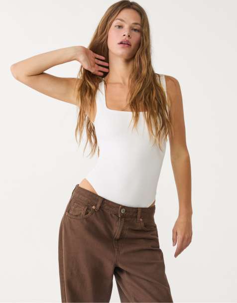 Stradivarius polyamide bodysuit with square neckline in ecru