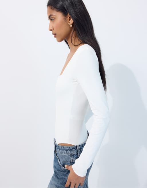Stradivarius Polyamide bodysuit with square neckline in ecru, 2 of 7