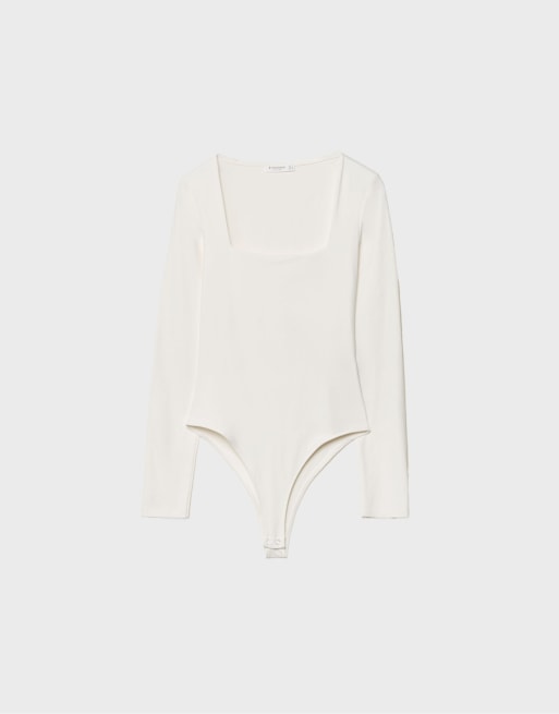 Stradivarius Polyamide bodysuit with square neckline in ecru, 6 of 7