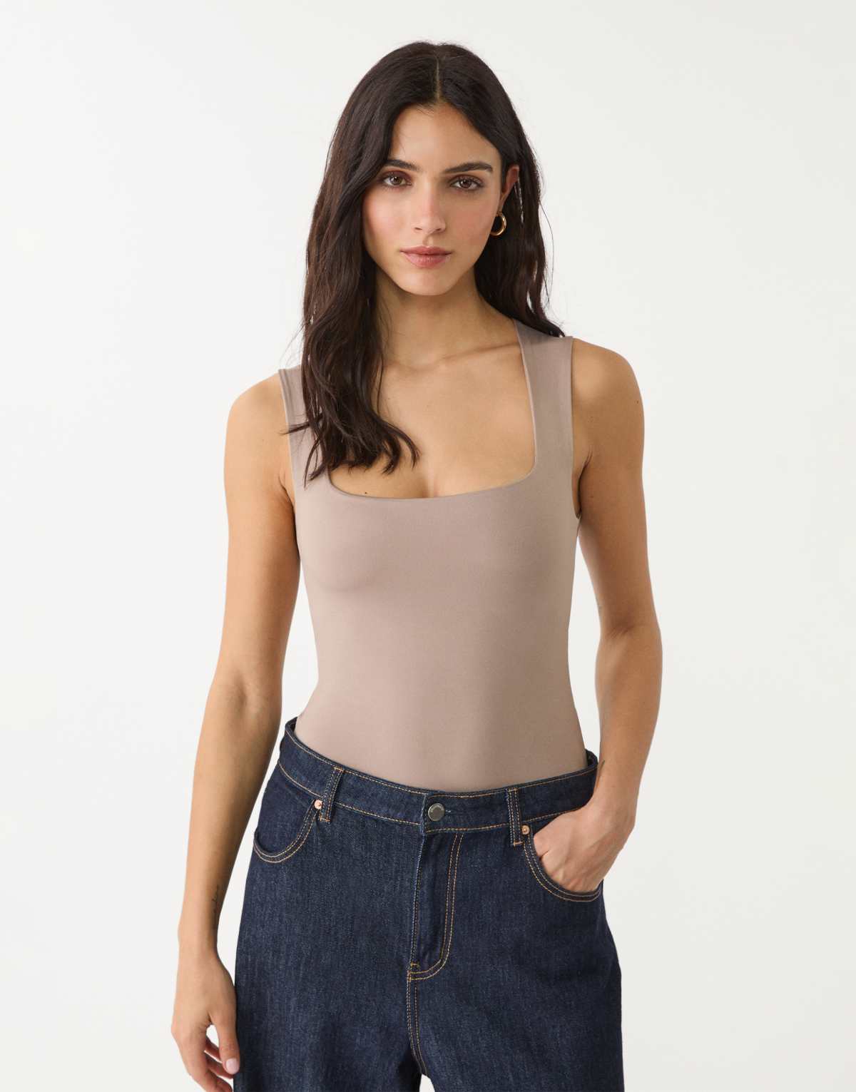 Stradivarius polyamide bodysuit with square neckline in light brown